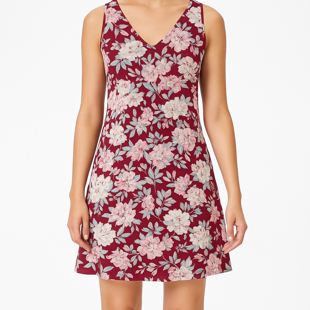 LOFT Burgundy Floral Sleeveless A-Line Dress Size L